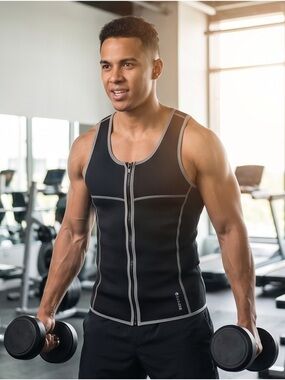 Sauna Fc Black Men's Zipper Fitness Tank with Gray Trim